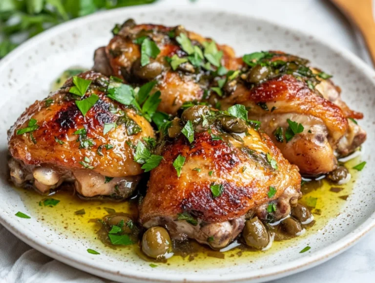 Instant Pot Keto Mediterranean Chicken served on a rustic plate, garnished with fresh parsley and mint leaves