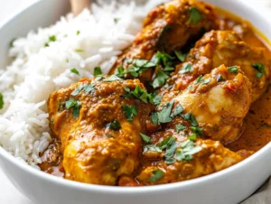 Bowl of Jamaican curry chicken with tender chicken pieces in golden sauce, garnished with parsley and served with rice.