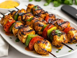 Juicy joojeh kabab skewers on a white plate, drizzled with saffron butter and garnished with grilled tomatoes.