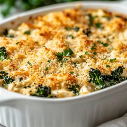 Creamy kale artichoke chicken casserole topped with crispy crust in a white dish, served with a wooden spoon