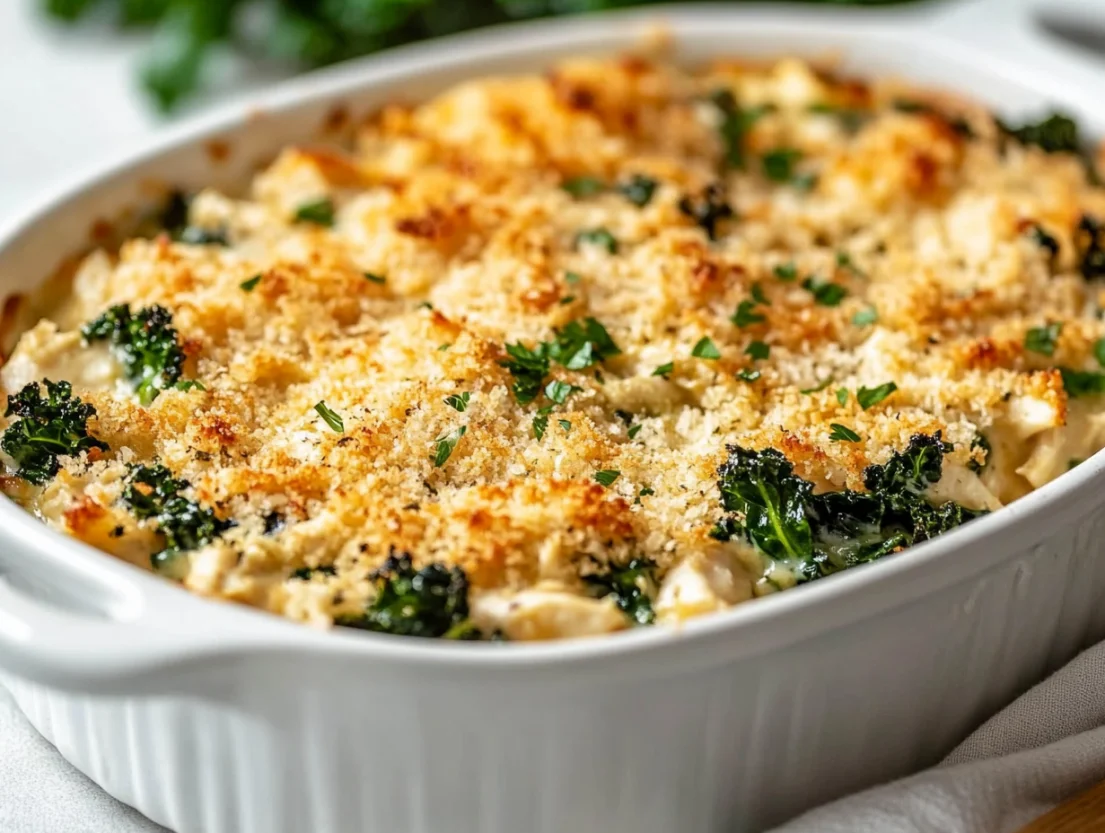 Creamy kale artichoke chicken casserole topped with crispy crust in a white dish, served with a wooden spoon
