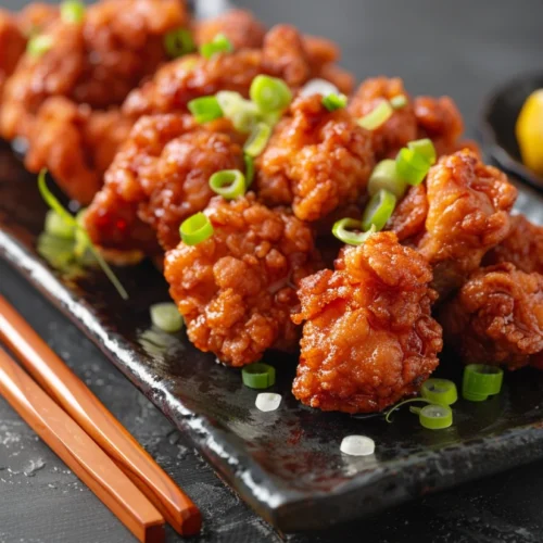 Crispy karaage fried chicken on a white plate, garnished with scallions and lemon wedges