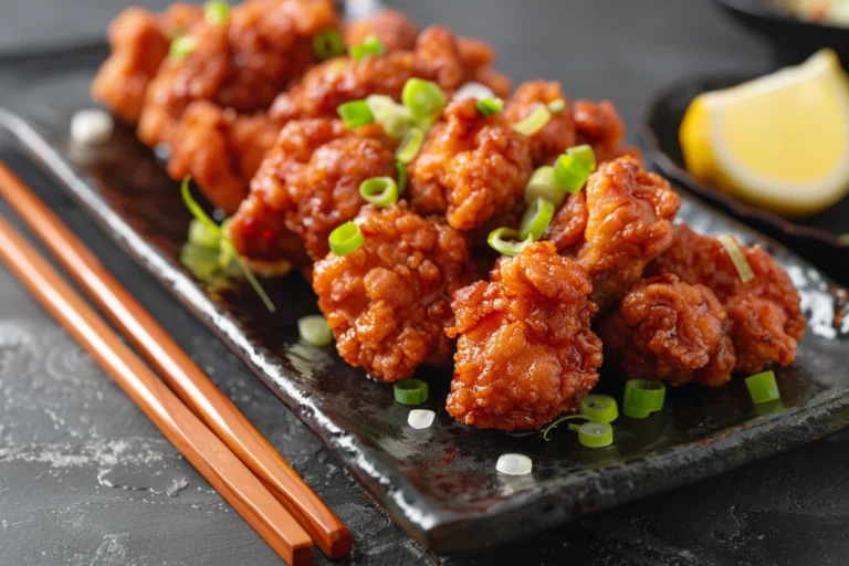 Crispy karaage fried chicken on a white plate, garnished with scallions and lemon wedges