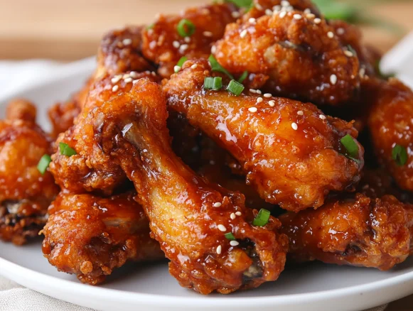 Crispy Korean fried chicken wings on a white plate drizzled with sweet and spicy sauce, garnished with scallions and sesame seeds