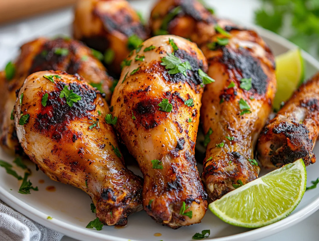 Juicy lime pepper chicken drumsticks served on a white plate, garnished with parsley and lime wedges.