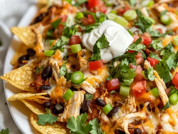 Loaded chicken nachos topped with sour cream, cilantro, and peppers on a white plate