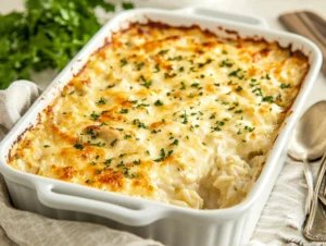 Mamaw chicken and rice casserole in a white dish, topped with golden pats of butter and creamy textures