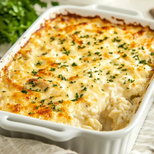 Mamaw chicken and rice casserole in a white dish, topped with golden pats of butter and creamy textures