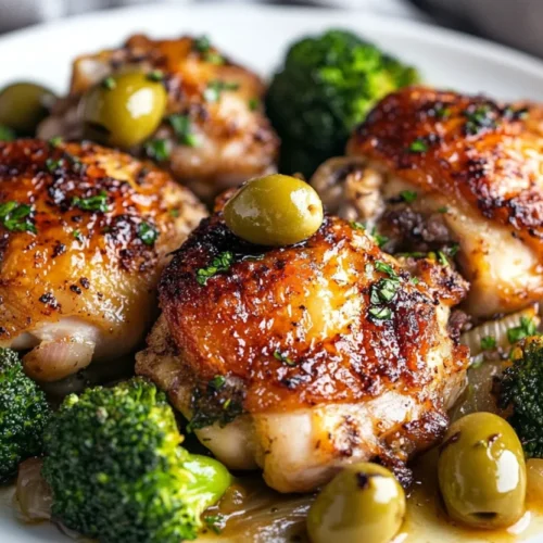 Mediterranean chicken thighs served on a white plate with broccoli, onions, olives, and herbs