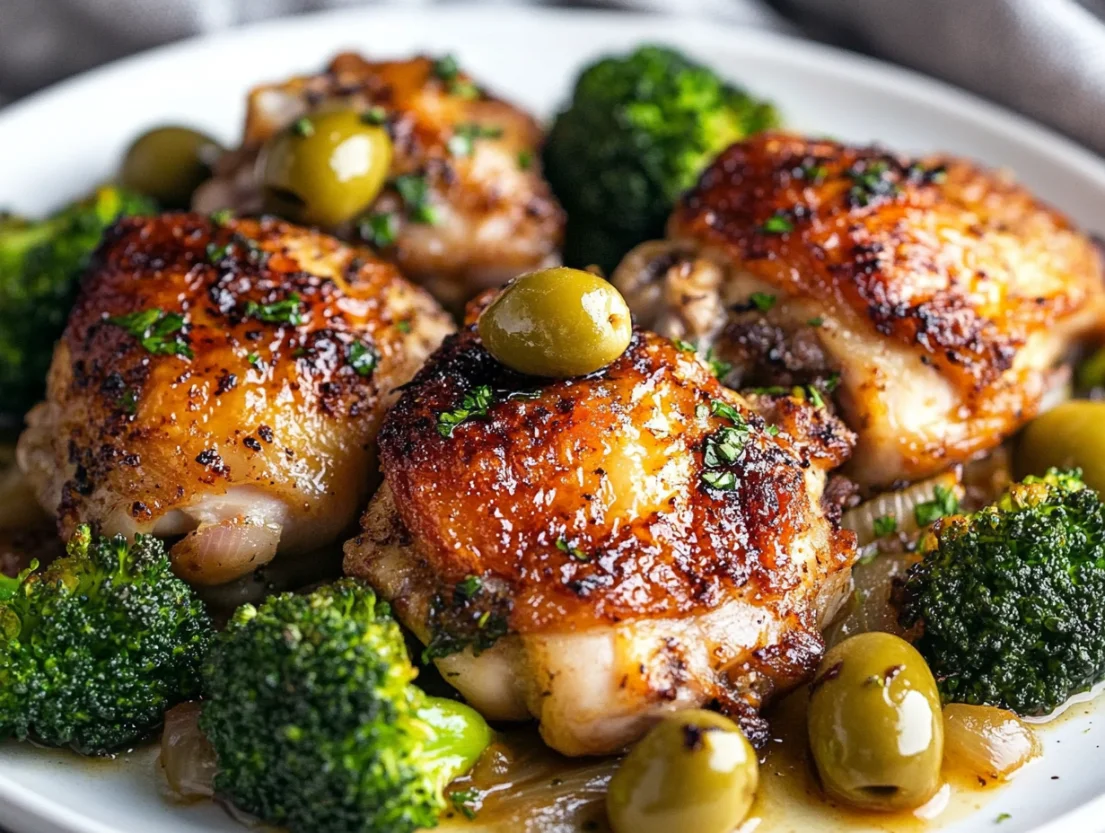 Mediterranean chicken thighs served on a white plate with broccoli, onions, olives, and herbs