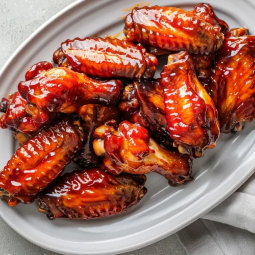 Juicy microwave BBQ chicken wings on a white plate, garnished with parsley and served with extra BBQ sauce