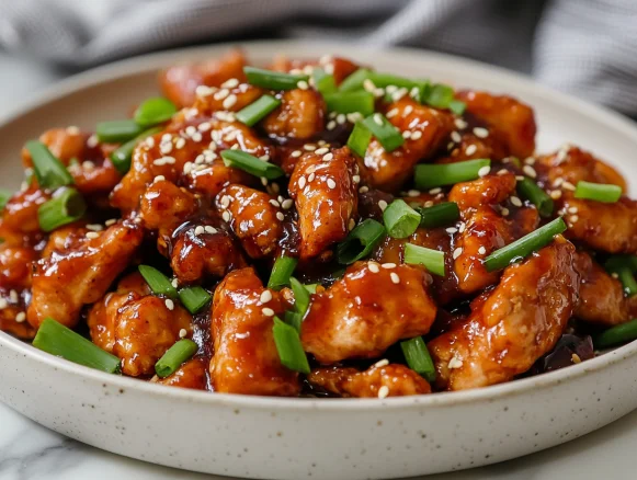 Mongolian chicken stir fry served on a white plate, garnished with green onions and sesame seeds