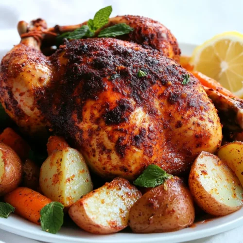 Moroccan roast chicken served on a white plate with baby carrots, potatoes, fresh herbs, and lemon slices