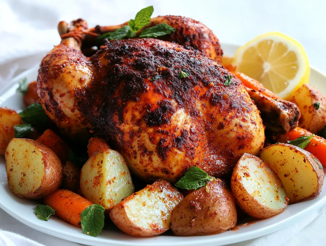 Moroccan roast chicken served on a white plate with baby carrots, potatoes, fresh herbs, and lemon slices