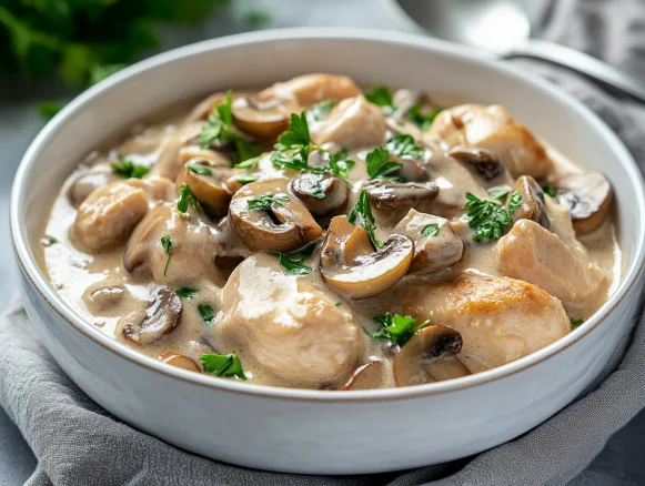Mushroom Chicken in Sour Cream Sauce served in a white bowl, garnished with fresh parsley and warm, creamy texture