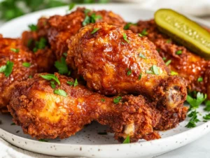 Crispy Nashville hot chicken on a white plate garnished with parsley and pickles, coated in spicy glaze