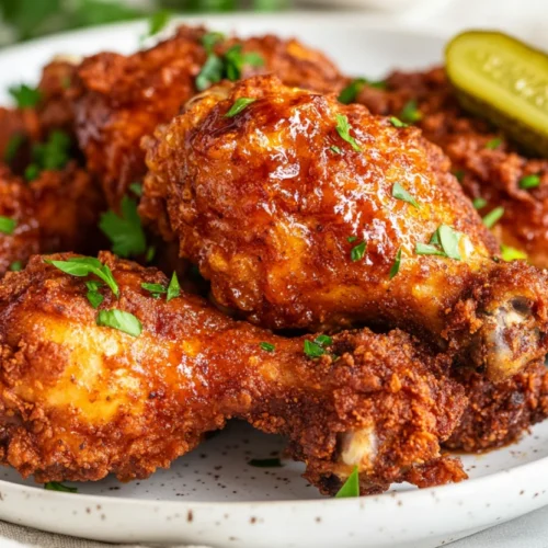 Crispy Nashville hot chicken on a white plate garnished with parsley and pickles, coated in spicy glaze