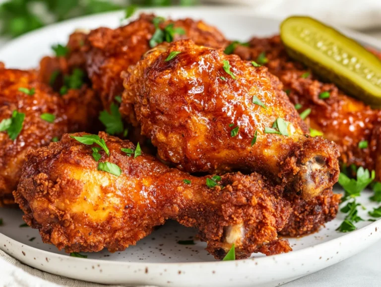 Crispy Nashville hot chicken on a white plate garnished with parsley and pickles, coated in spicy glaze