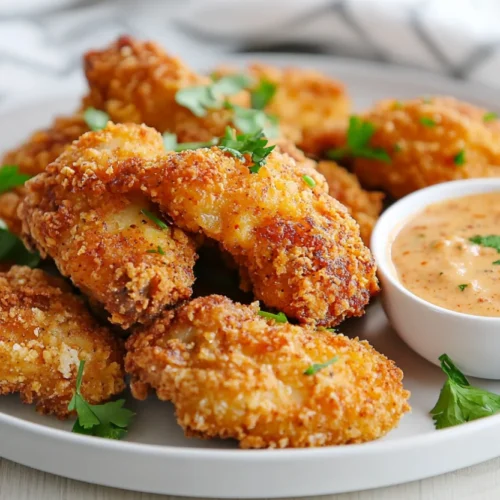 Oven baked keto fried chicken on a white plate with spicy dipping sauce and fresh parsley