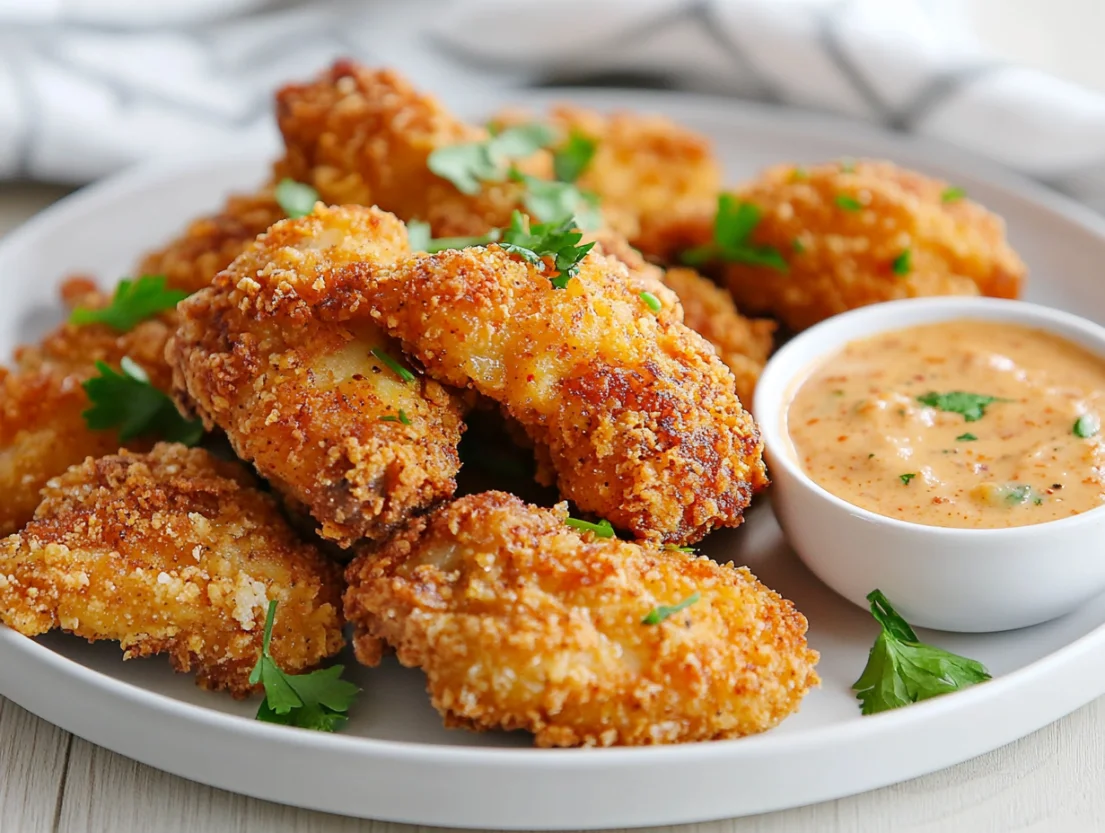 Oven baked keto fried chicken on a white plate with spicy dipping sauce and fresh parsley
