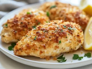 Crispy oven baked Parmesan chicken on a white plate garnished with fresh parsley and lemon wedges