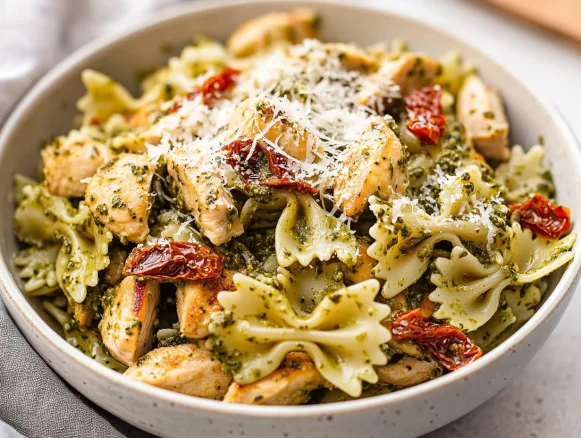 Delicious pesto pasta with chicken topped with parmesan and sun-dried tomatoes in a white bowl