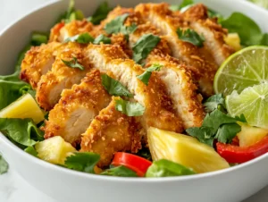 Piña colada chicken salad in a white bowl with crispy coconut chicken, pineapple, and fresh herbs