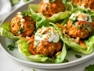 Pressure cooker curried chicken meatballs in lettuce wraps, topped with yogurt sauce, carrots, and peanuts on a white plate