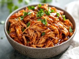 Bowl of pulled chicken stovetop in barbecue sauce, garnished with parsley, on a neutral background.