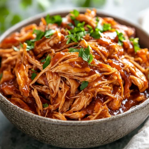 Bowl of pulled chicken stovetop in barbecue sauce, garnished with parsley, on a neutral background.