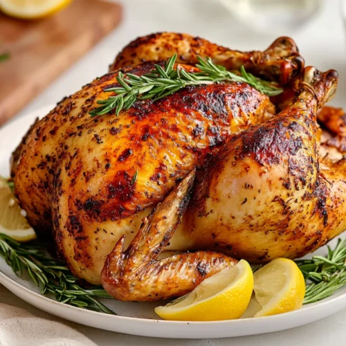 Crispy roast chicken with rosemary on a white plate, garnished with fresh herbs and lemon wedges