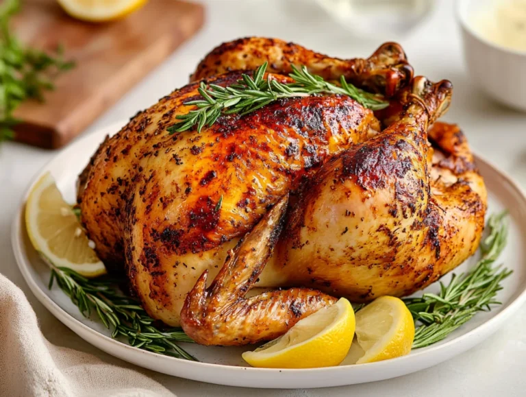 Crispy roast chicken with rosemary on a white plate, garnished with fresh herbs and lemon wedges