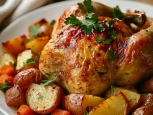 Roast chicken with vegetables served on a white plate, garnished with parsley and lemon slices