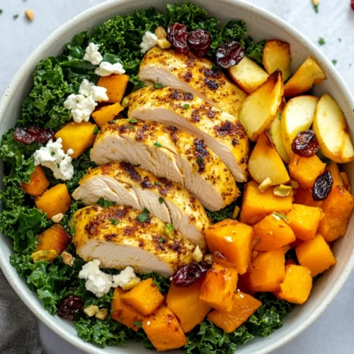 Bowl of roasted harvest bowls with maple turmeric chicken, butternut squash, Brussels sprouts, and goat cheese