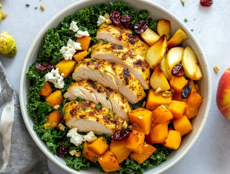Bowl of roasted harvest bowls with maple turmeric chicken, butternut squash, Brussels sprouts, and goat cheese