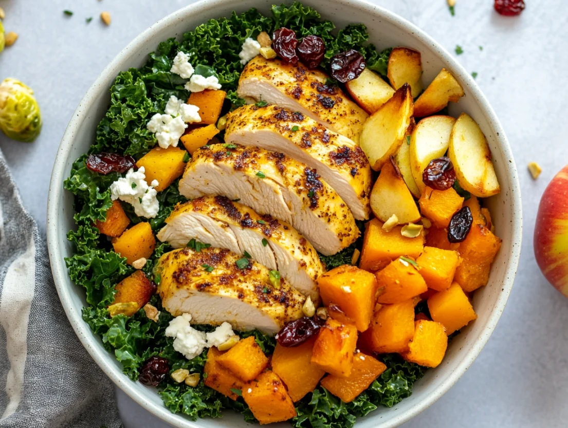 Bowl of roasted harvest bowls with maple turmeric chicken, butternut squash, Brussels sprouts, and goat cheese