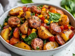 Delicious sausage veggie skillet with chicken sausage, potatoes, corn, and spinach in a rustic bowl