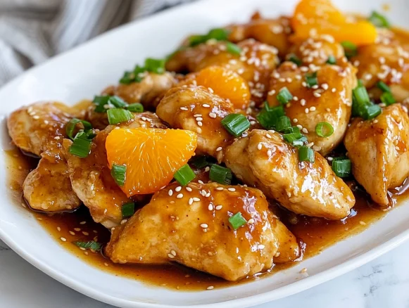 Slow-cooked mandarin chicken on a white plate garnished with green onions and sesame seeds in a rich sauce