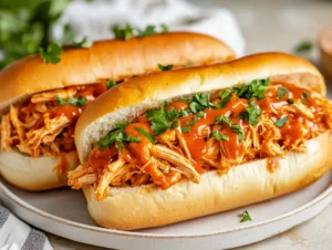 Delicious slow cooker buffalo chicken sandwiches on a white plate with fresh parsley and extra sauce drizzled on top