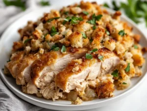 Slow cooker chicken with stuffing on a white plate, garnished with parsley, highlighting creamy rich textures.