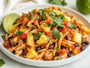 Plate of slow cooker pineapple chicken garnished with fresh cilantro and lime wedges, warm and appetizing