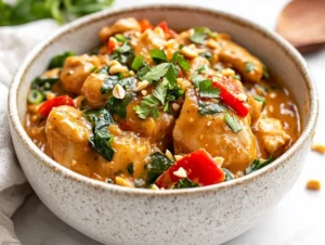 Bowl of slow cooker Thai peanut chicken topped with peanuts, cilantro, and green onions on a wooden table