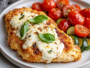 Delicious Summer grilled chicken parmesan topped with melted mozzarella and fresh basil on a white plate with sautéed vegetables.
