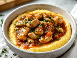 Bowl of tahini chicken polenta topped with fresh parsley and rich tahini drizzle