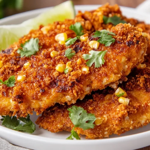 Crispy Tex-Mex chicken strips on a white plate garnished with cilantro and lime wedges