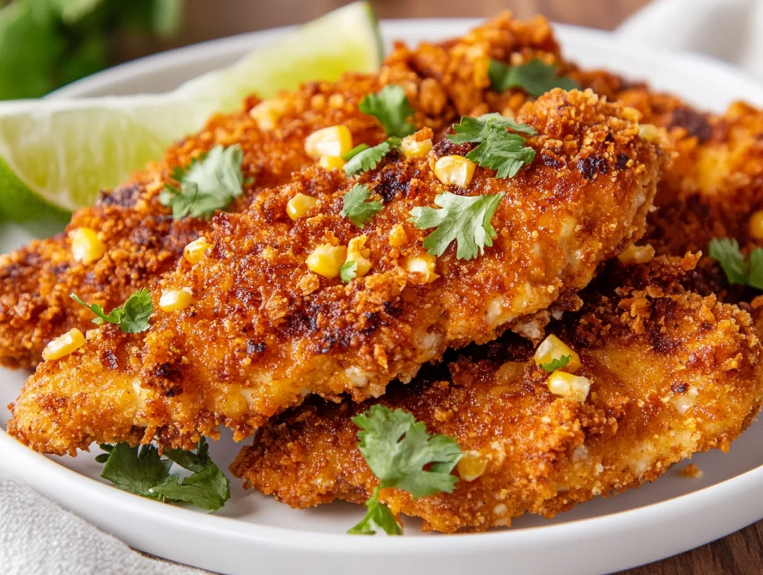 Crispy Tex-Mex chicken strips on a white plate garnished with cilantro and lime wedges