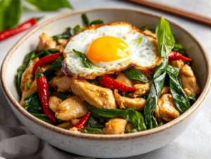 Thai basil chicken stir fry in a white bowl topped with a fried egg and fresh herbs on a neutral background