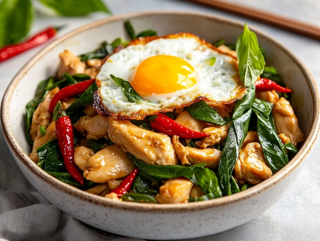 Thai basil chicken stir fry in a white bowl topped with a fried egg and fresh herbs on a neutral background