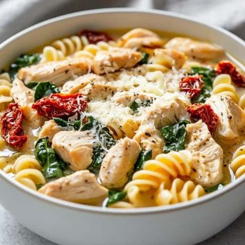 Bowl of Tuscan chicken noodle soup topped with Parmesan cheese and fresh spinach on a white table