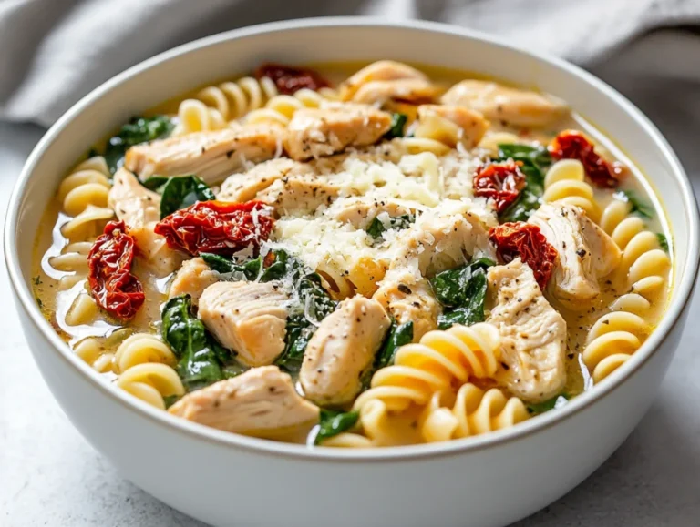 Bowl of Tuscan chicken noodle soup topped with Parmesan cheese and fresh spinach on a white table